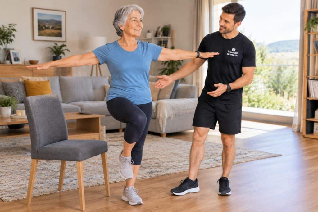 prévention des chutes personnes âgées : exercice d'équilibre à domicile avec un coach