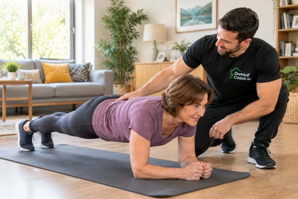 perdre du ventre après 50 ans : gainage sur tapis à domicile avec un coach
