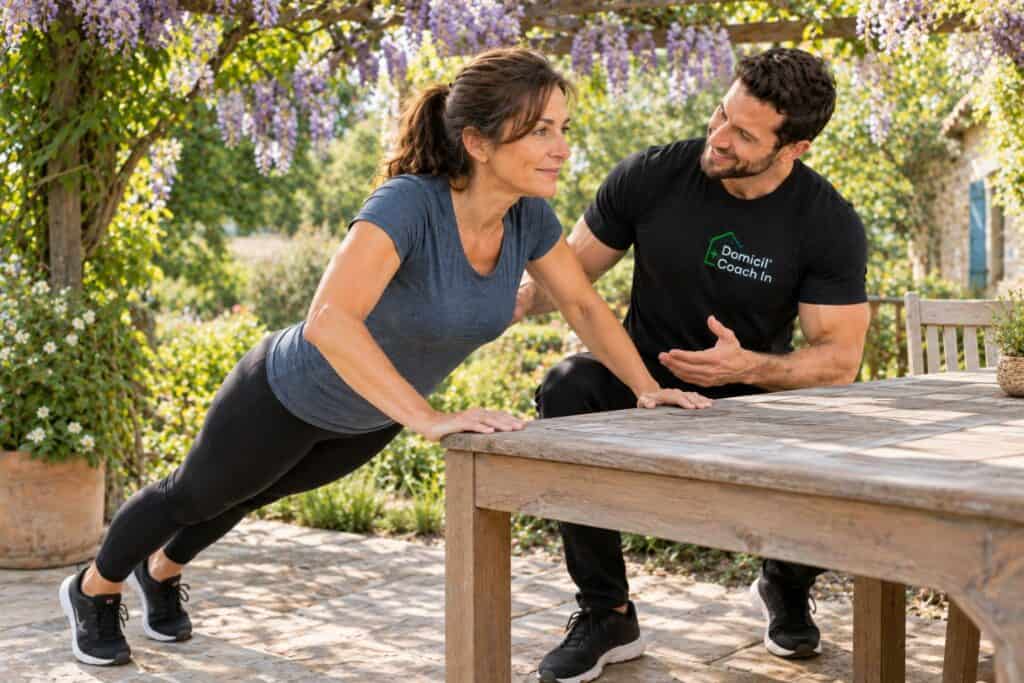 Se tonifier après 50 ans : pompes inclinées sur une table de jardin avec un coach sportif