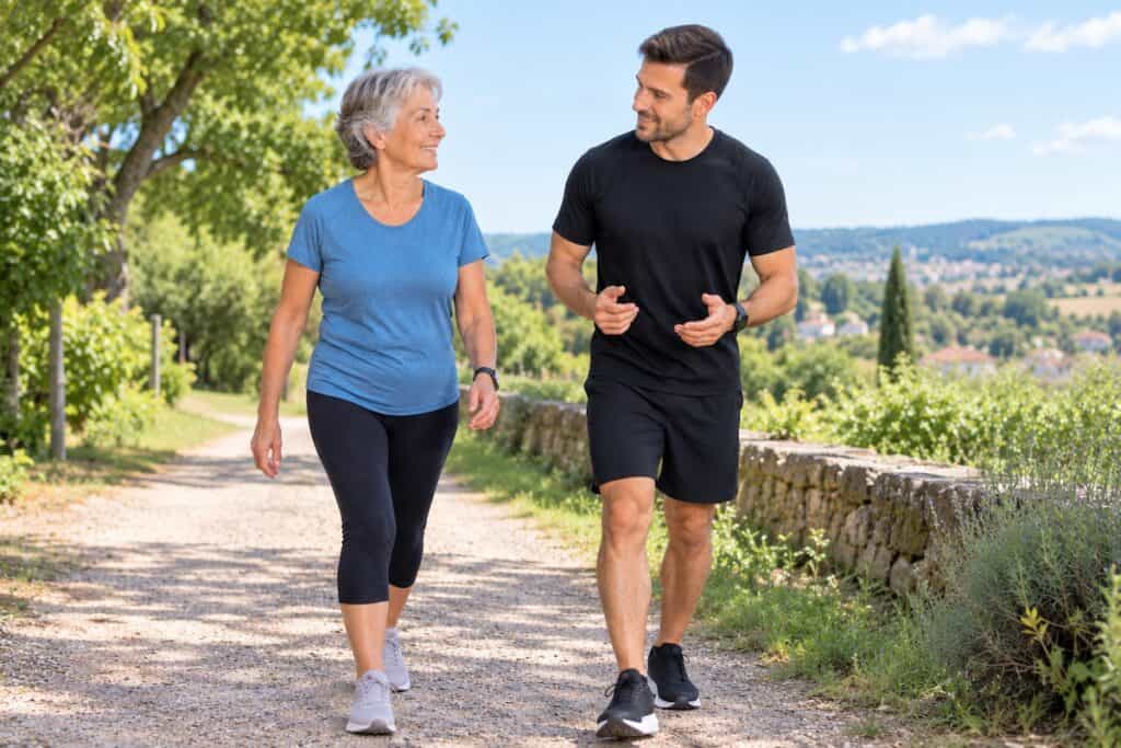 prévention des chutes personnes âgées : marche en extérieur accompagnée d'un coach