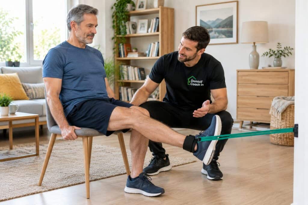 sport et arthrose du genou : renforcement des quadriceps avec élastique à domicile