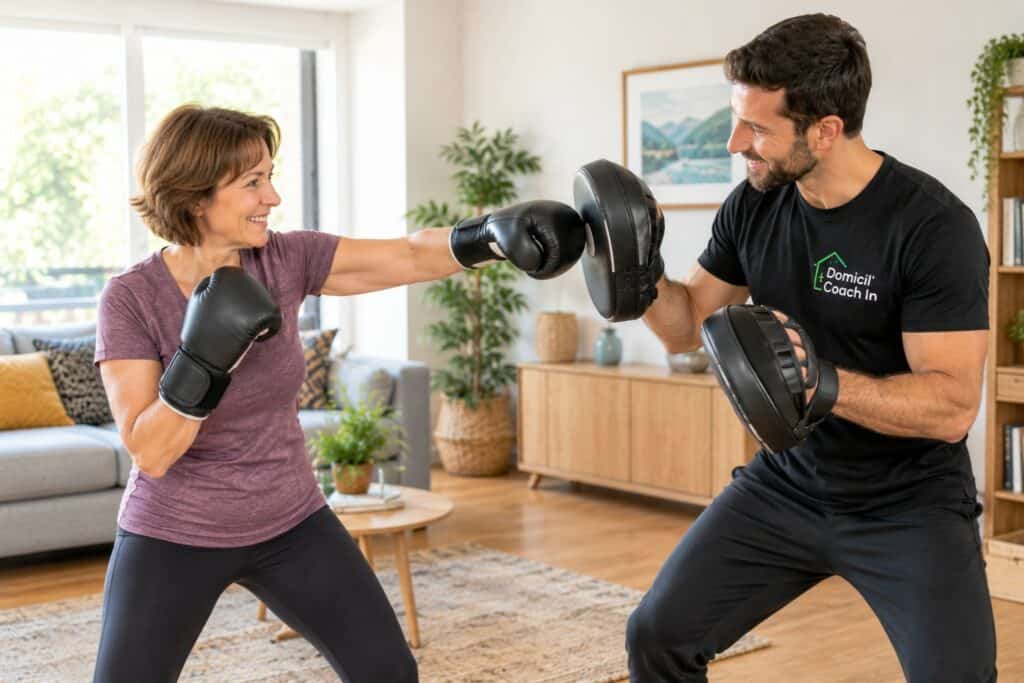 perdre du ventre après 50 ans : séance de cardio boxe à domicile avec un coach
