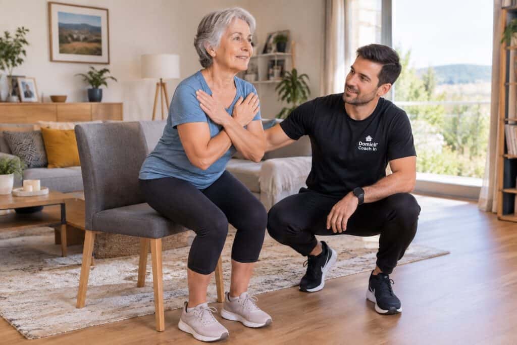 prévention des chutes personnes âgées : lever de chaise sans les mains avec un coach à domicile