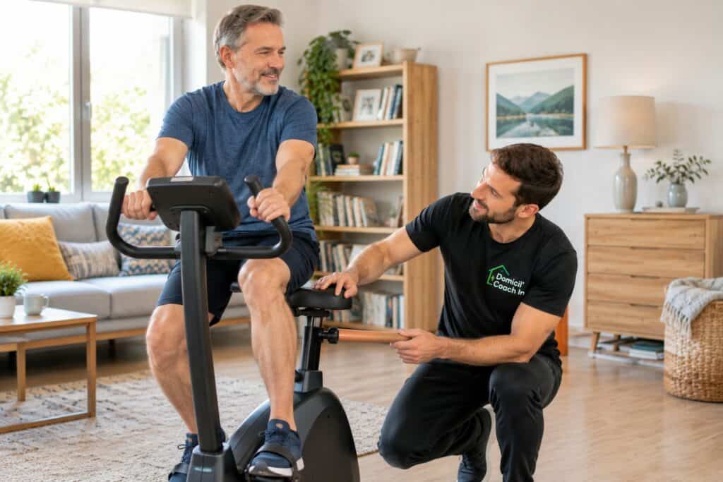 sport et arthrose du genou : vélo d'appartement à domicile avec un coach