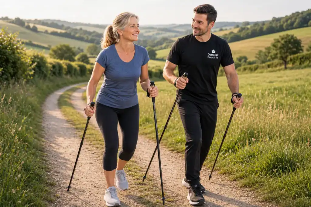 sport et ménopause : marche nordique en extérieur avec un coach