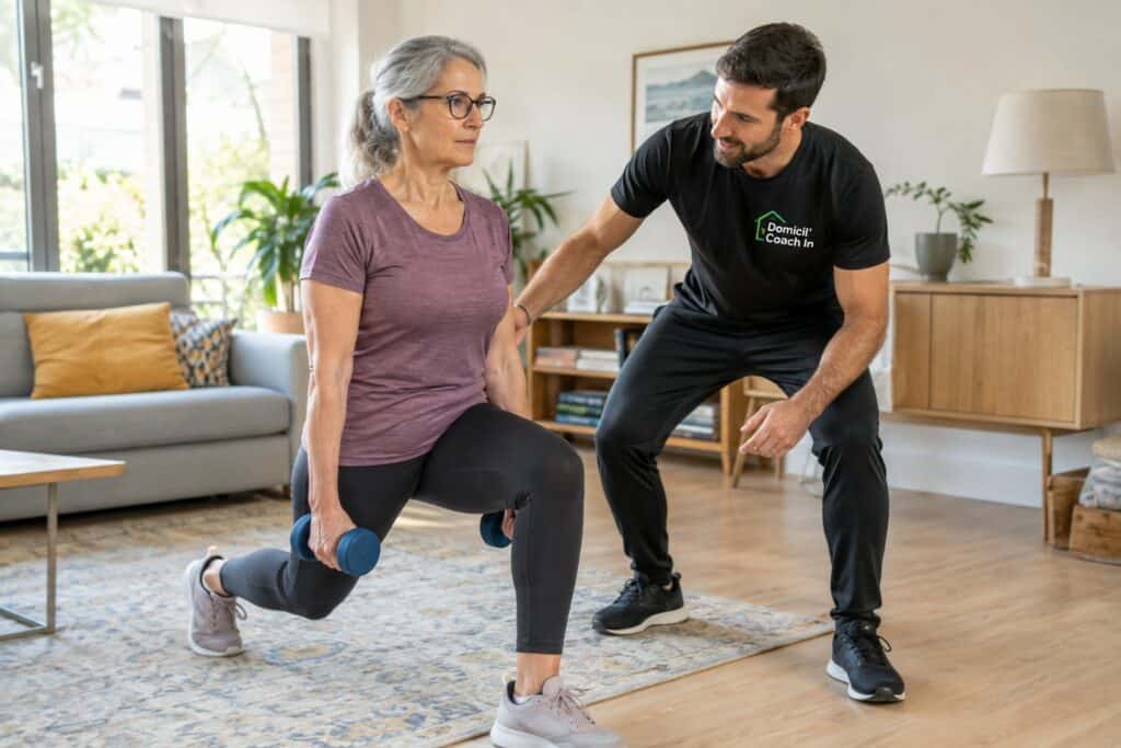 sport et ostéoporose : fente avant avec haltères à domicile avec un coach