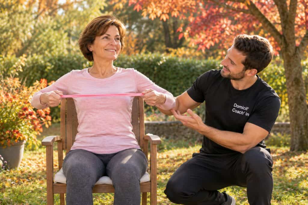 Sport et cancer du sein : renforcement musculaire avec un élastique dans un jardin
