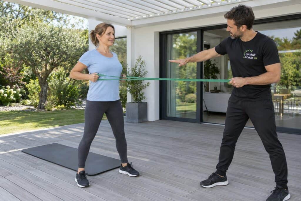 Première séance avec un coach sportif : exercice avec élastique sur la terrasse