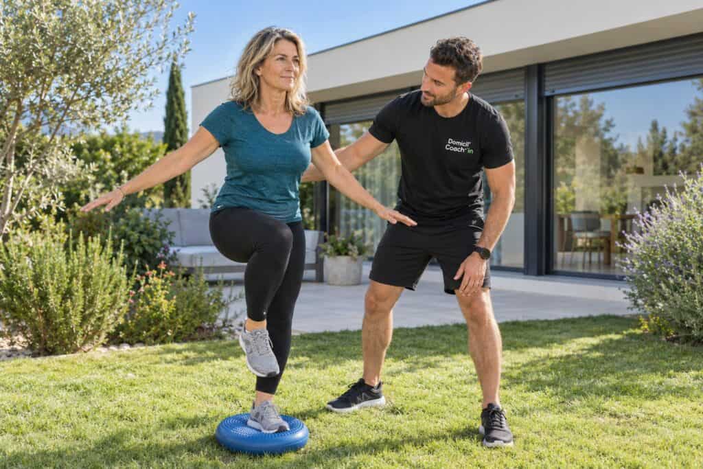 Exercice d'équilibre au jardin avec un coach, une alternative à la salle de sport après 50 ans