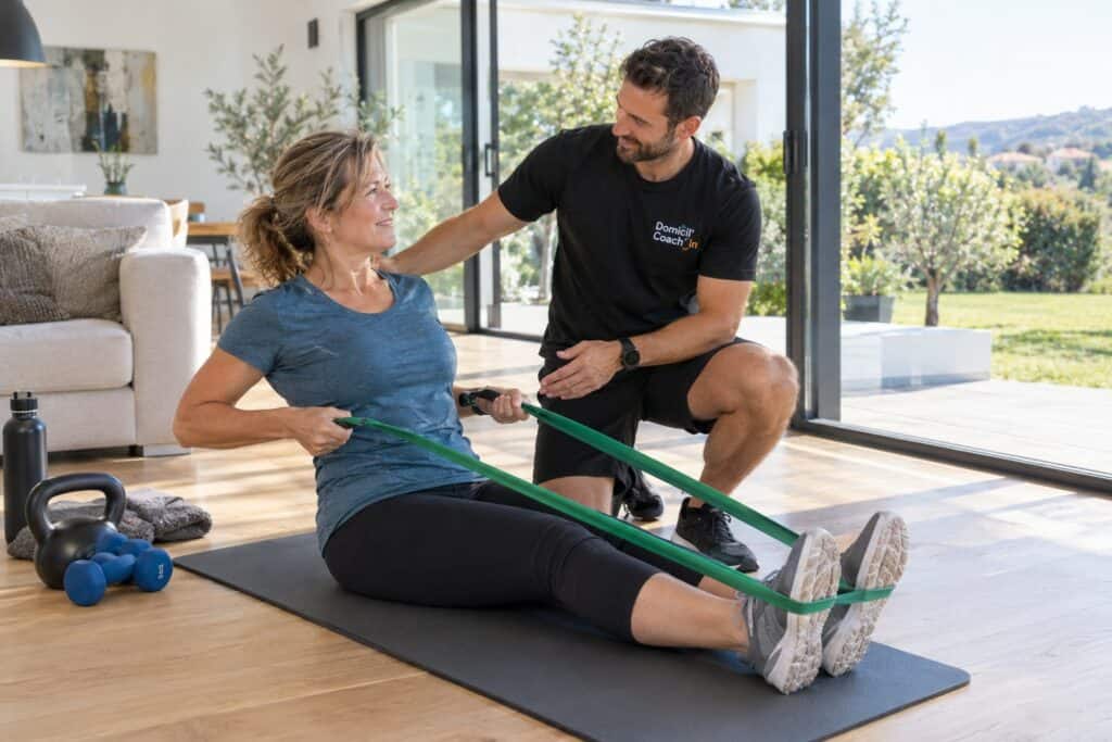 Coach sportif à domicile à Castanet-Tolosan : renforcement avec élastique dans le salon