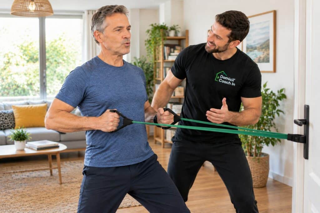 sport et hypertension : renforcement avec élastique en expirant pendant l'effort