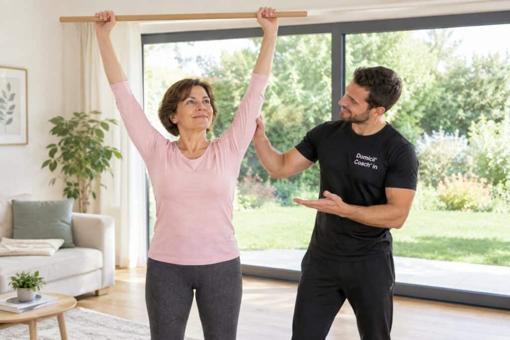 Sport et cancer du sein : exercice de mobilité des épaules avec un bâton à domicile