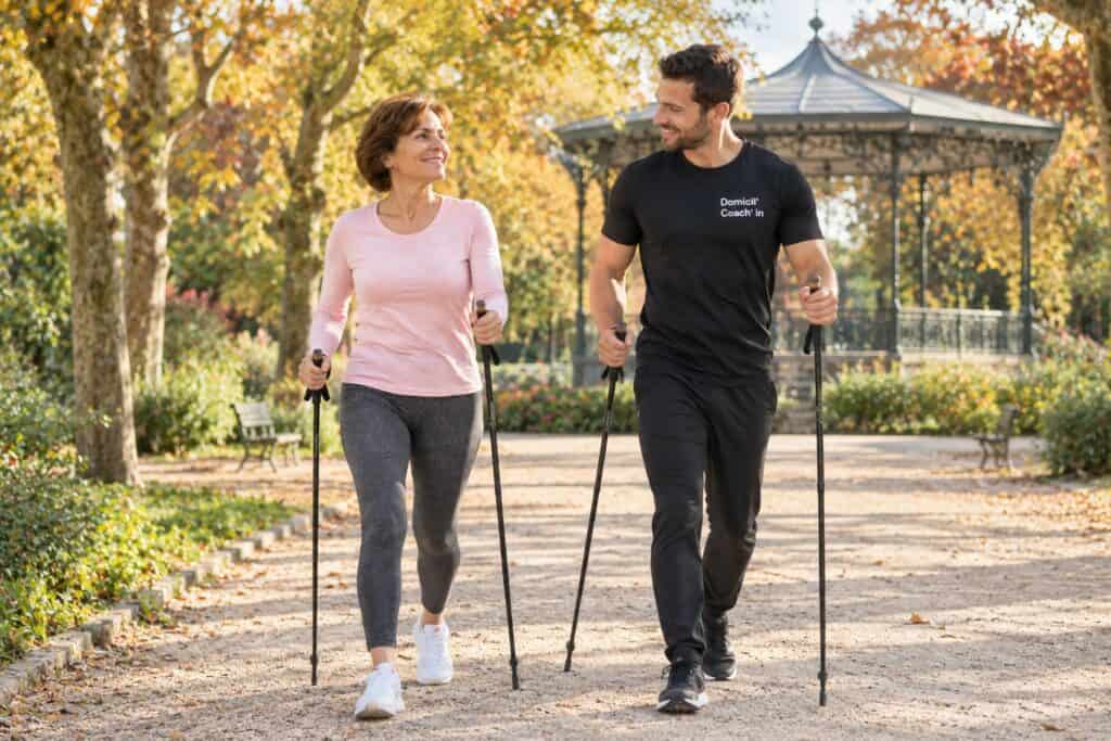 Sport et cancer du sein : marche nordique dans un parc avec un coach sportif