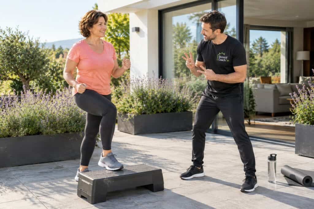 Coach sportif perte de poids : montées de step sur une terrasse