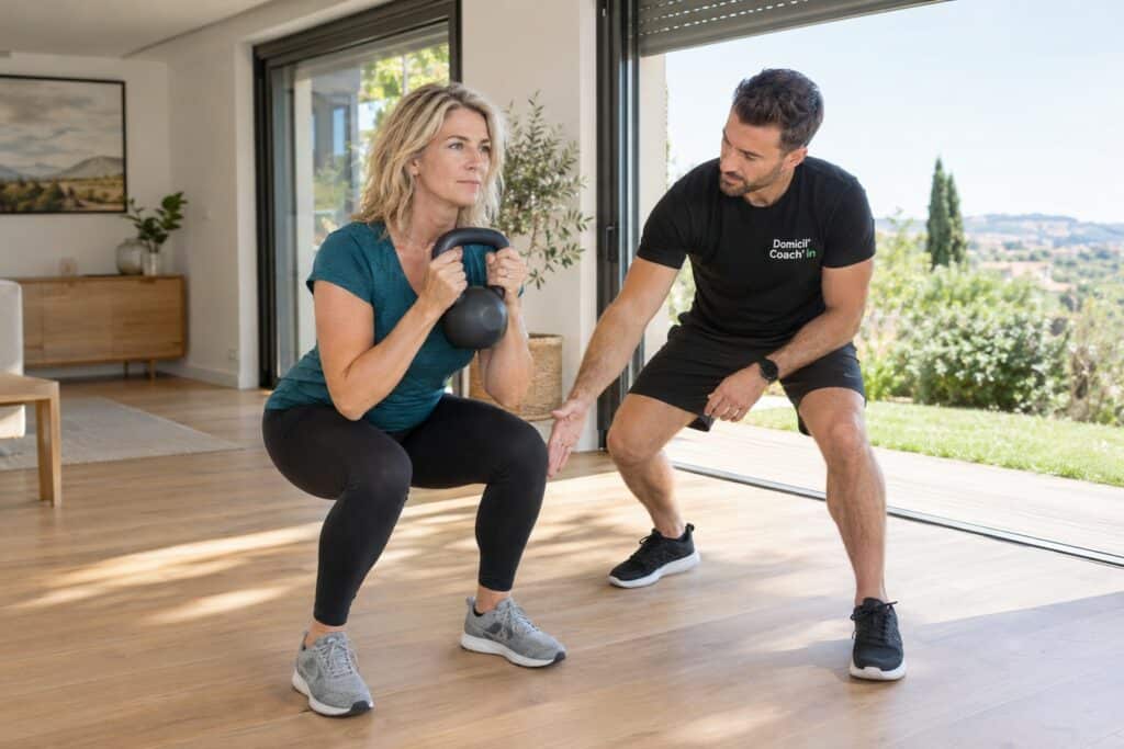 Alternative à la salle de sport après 50 ans : squat avec kettlebell encadré par un coach à domicile