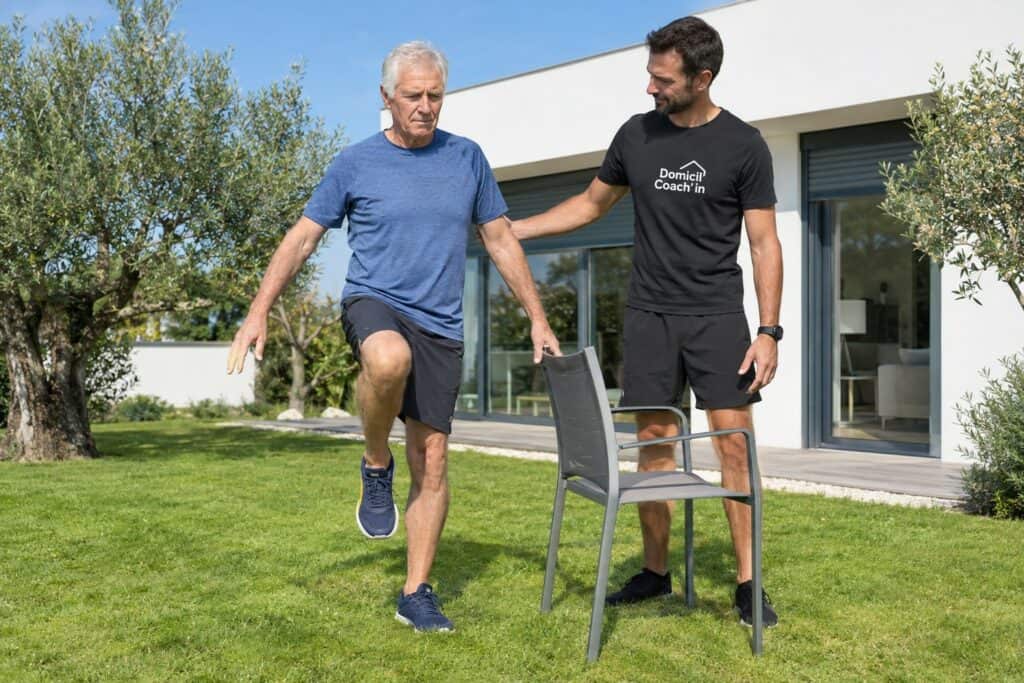 Coach sportif à domicile à Ramonville-Saint-Agne : exercice d'équilibre pour un senior