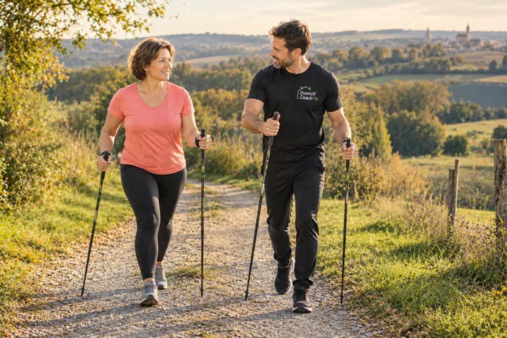 Coach sportif perte de poids : marche active dans les coteaux près de Toulouse