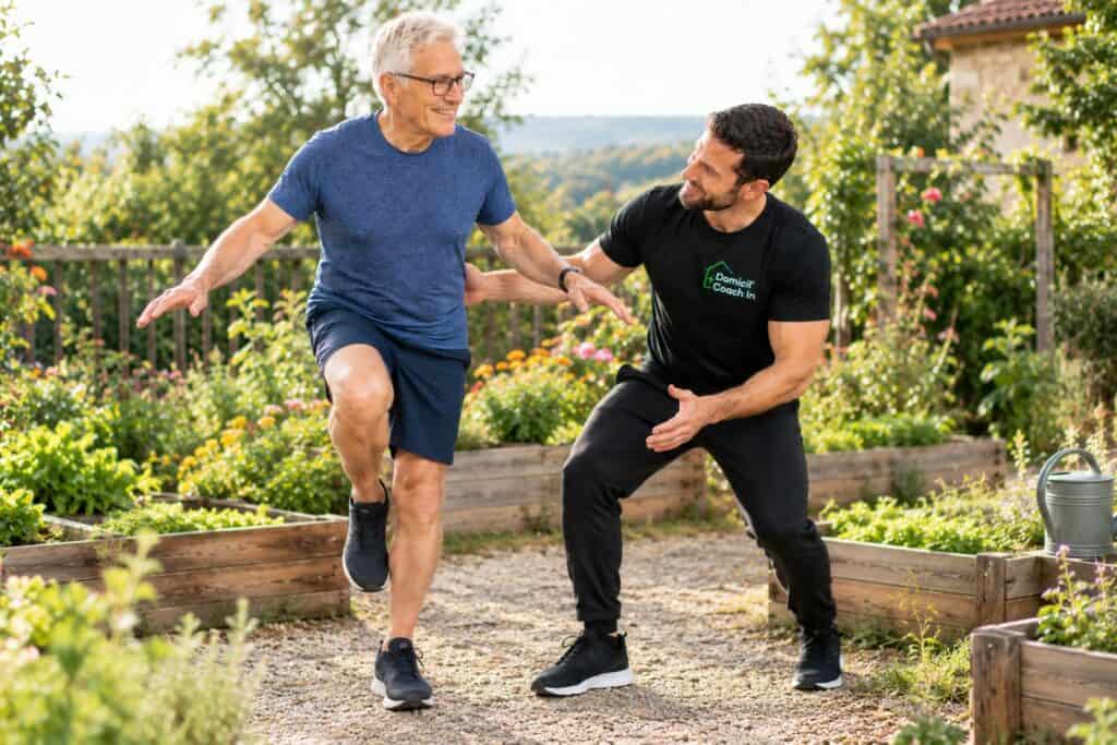sport après 60 ans : exercice d'équilibre dans le jardin avec un coach