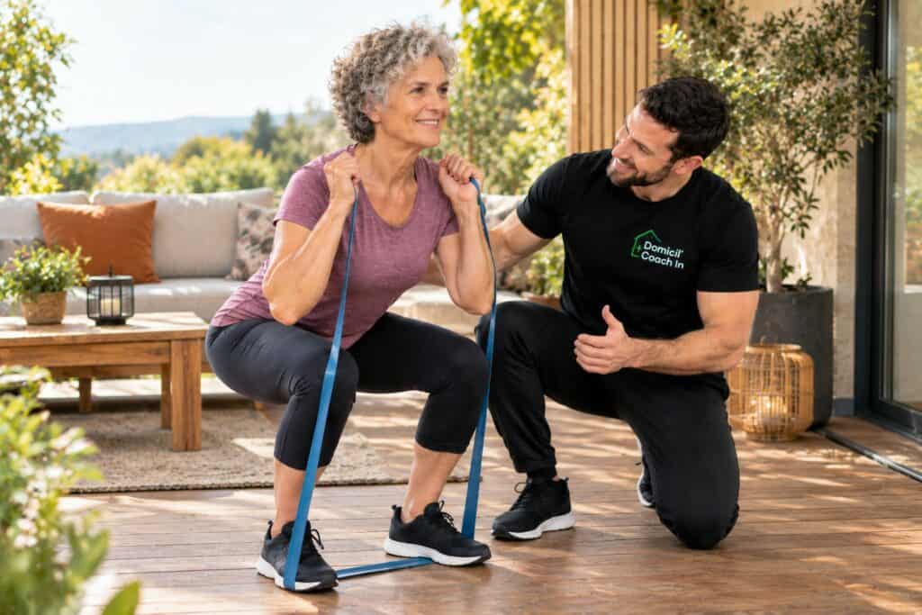 sport et diabète : renforcement musculaire avec élastique à domicile avec un coach